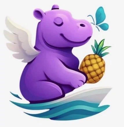 Cartoon purple hippo with angel wings holding a pineapple and a butterfly nearby.