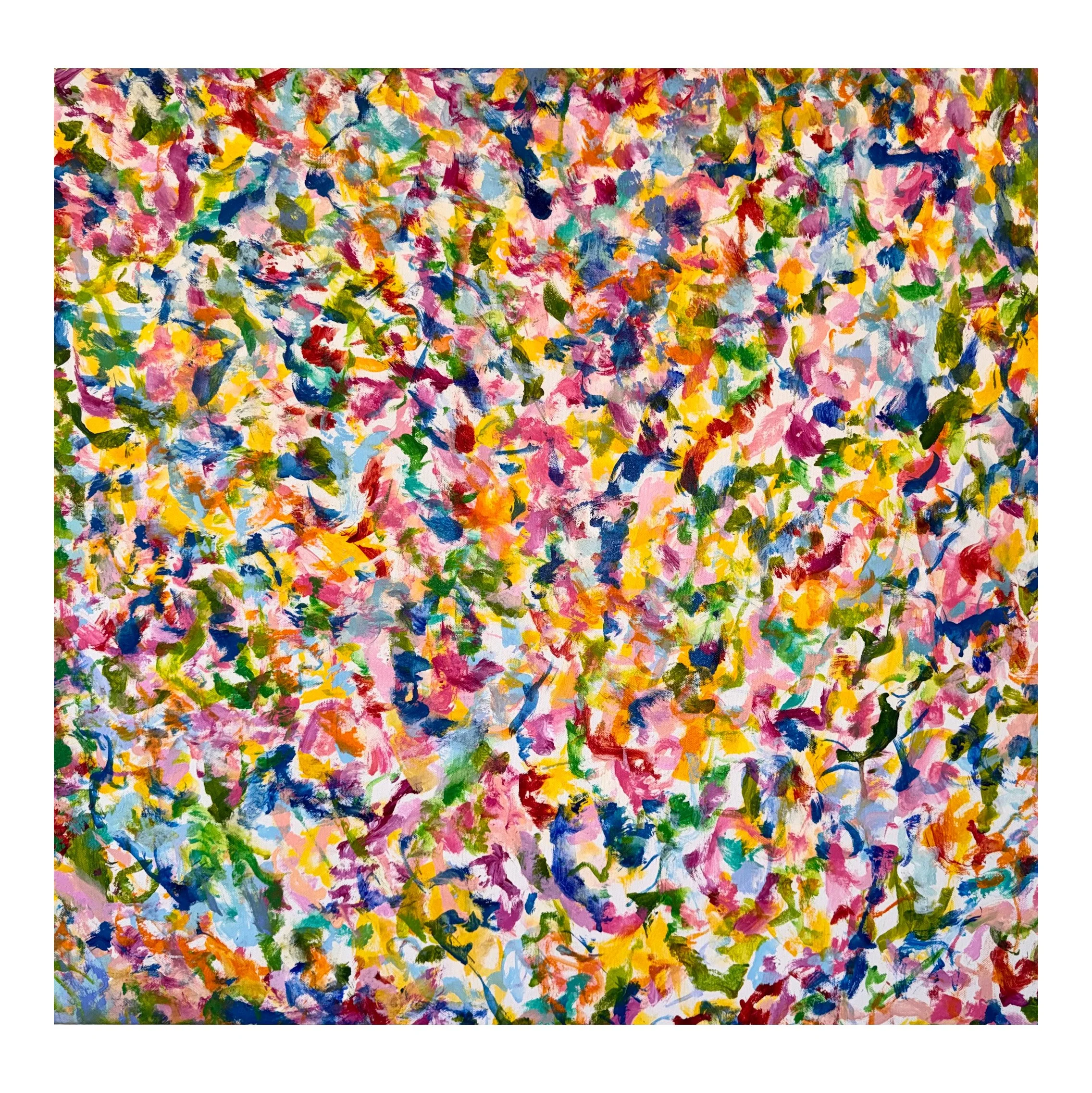 An abstract painting with vibrant, colorful brush strokes, featuring pink, blue, green, yellow, purple, and orange hues.