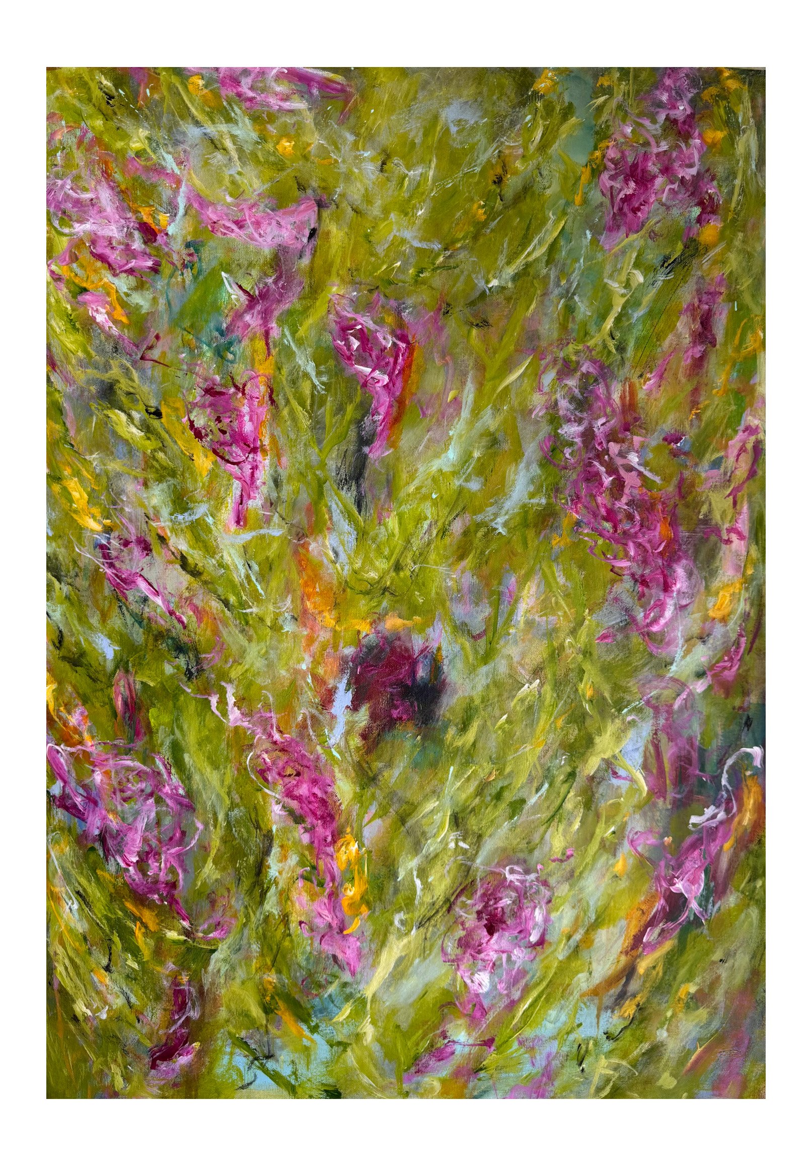 Abstract painting with green, pink, yellow, and black brushstrokes.