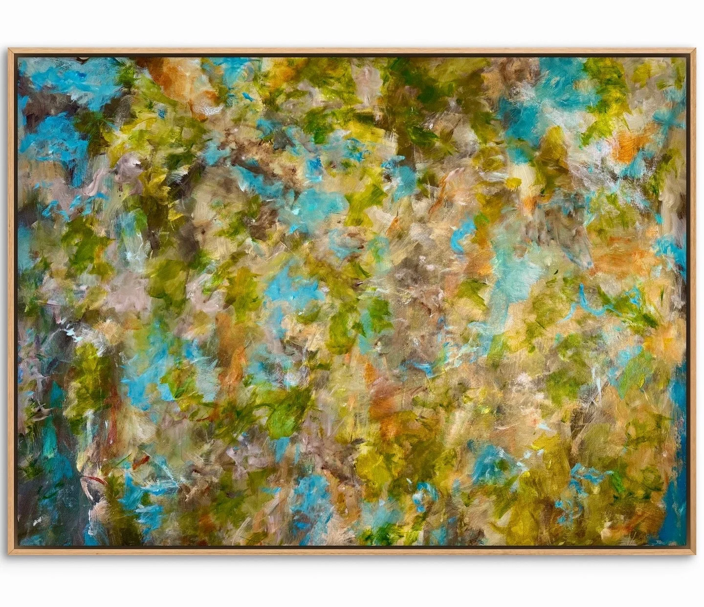 Abstract landscape painting with green, blue, brown, and beige colors.