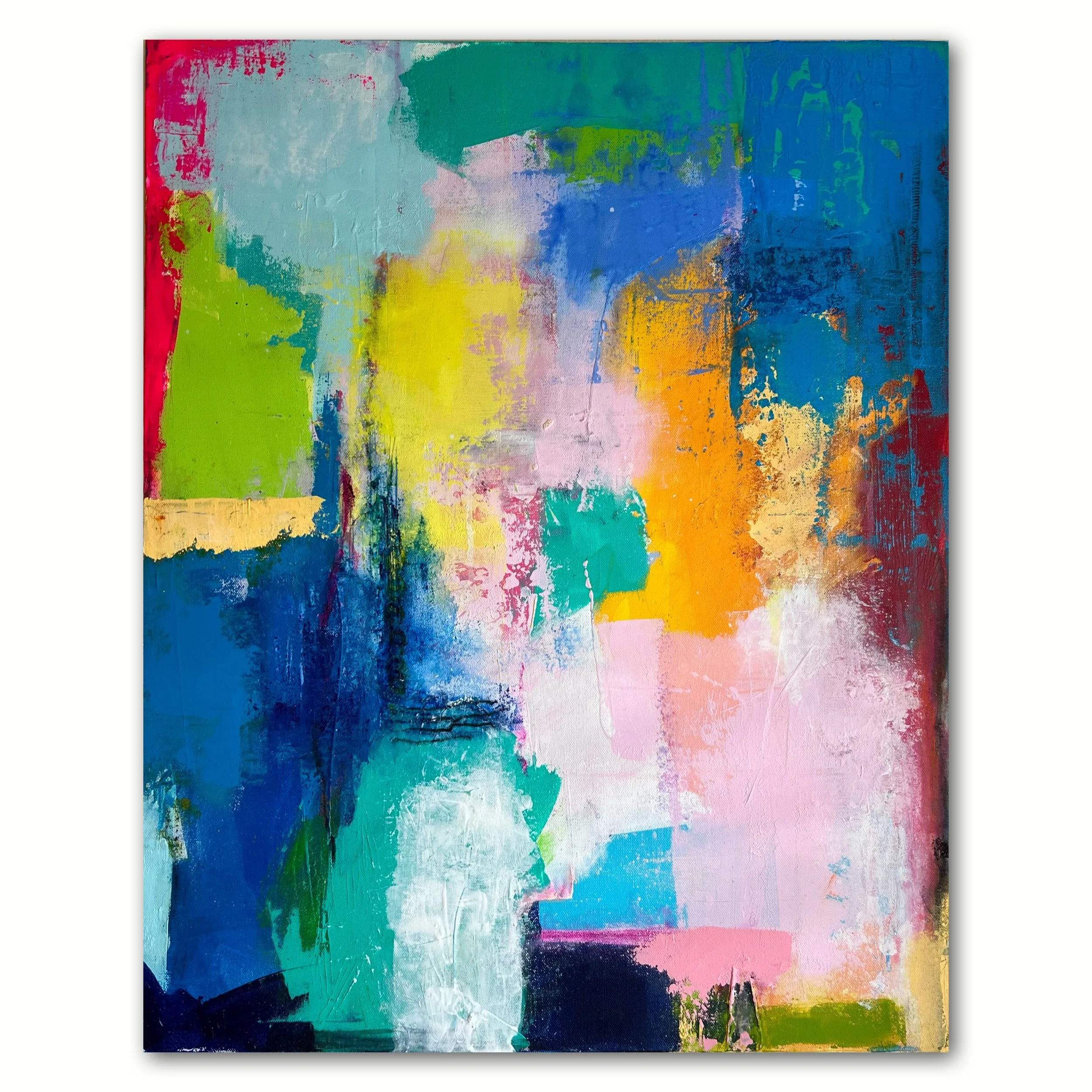 Abstract colorful painting with splashes of pink, blue, green, yellow, and purple on a textured canvas.