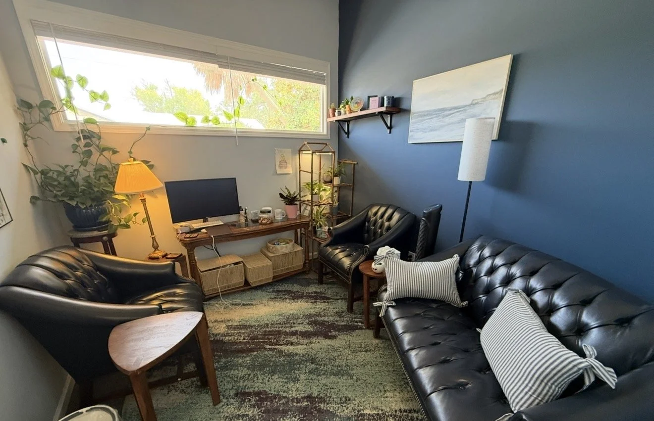 Living room with black leather sofas, green and beige rug, window with view of trees, plants, lamp, TV, and decorative shelves.