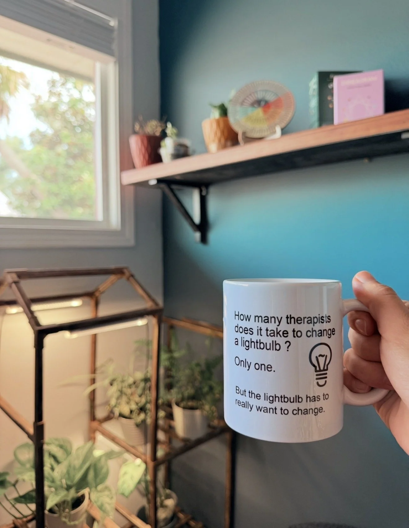 A person holding a white coffee mug with a lightbulb joke printed on it, in a room with a window, potted plants, a metal plant stand, and a blue wall with a wooden shelf holding small decorative items.