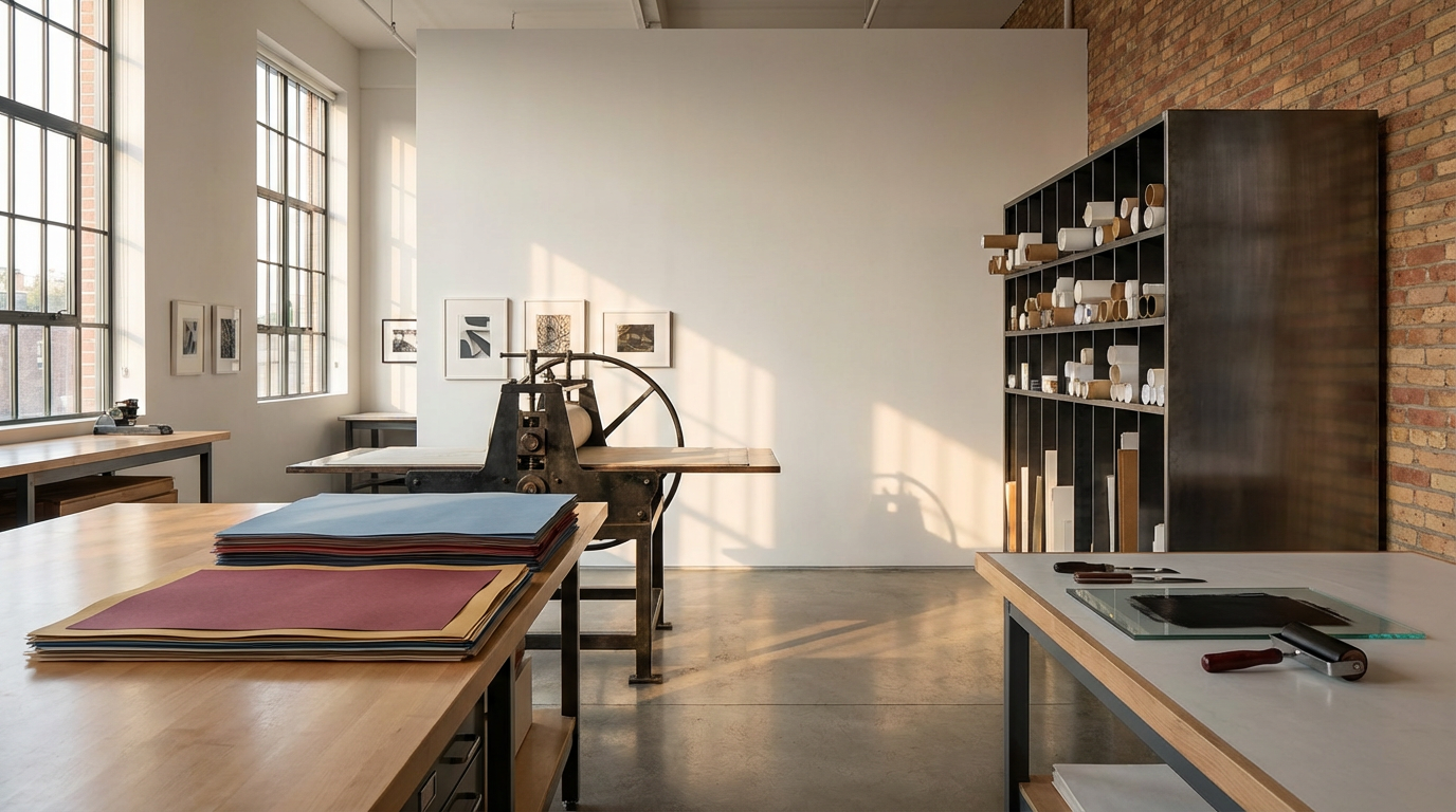 An art studio with large windows, a workbench with colored papers, an old printing press, shelves with paper rolls, and framed artwork on the walls.