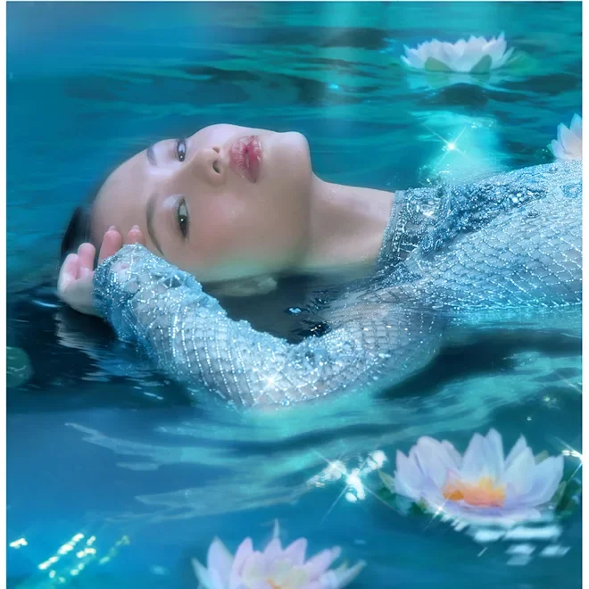 A woman with slicked-back hair and a shimmering, silver, long-sleeved top floating in a pool with pink and white water lilies nearby.