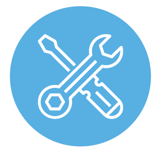Icon of a wrench and screwdriver crossed over each other on a blue circular background.