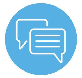 Two speech bubbles, one overlapping the other, on a blue circular background.