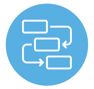 Flowchart diagram with interconnected boxes and arrows on a blue circular background