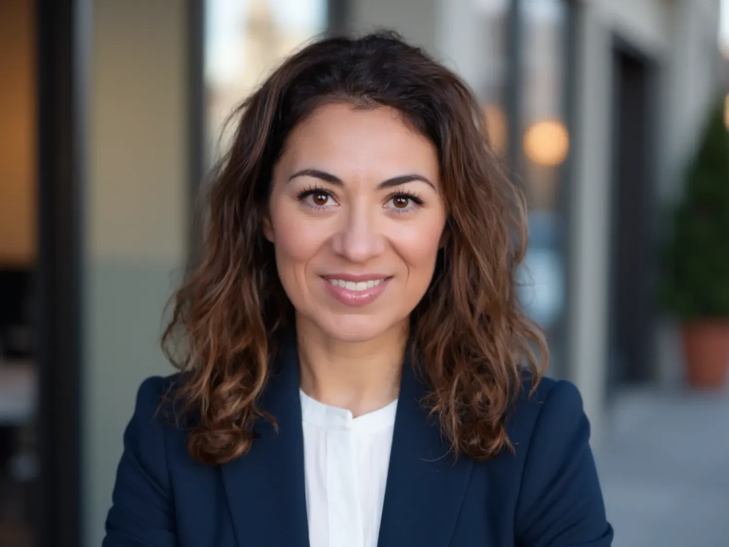 Yariela with wavy brown hair, wearing a navy blazer and white blouse, smiling at the camera in an indoor setting with natural light and blurred background.
