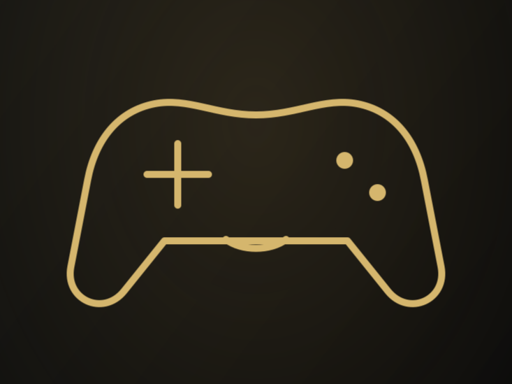Neon sign of a video game controller outline in yellow on a dark background.