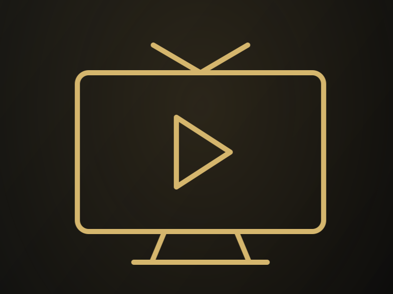 Icon of a television screen with a play button in the center, represented in a gold outline on a dark background.
