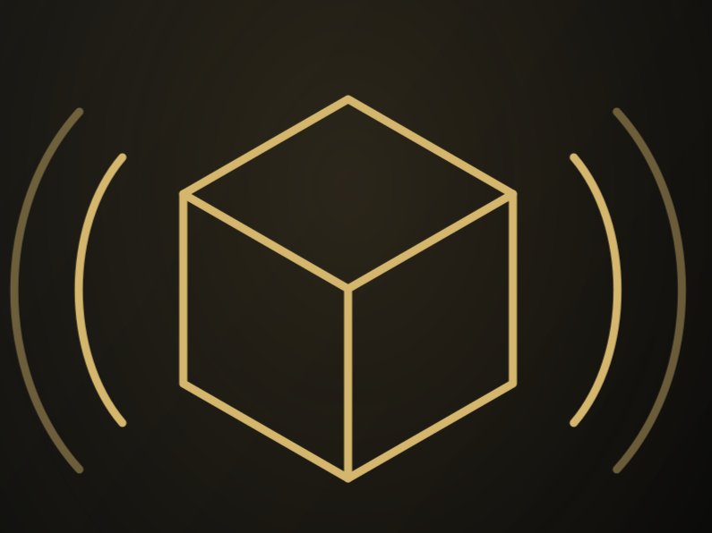 A minimalist digital icon of a 3D cube with concentric semi-circular lines around it, set against a dark background