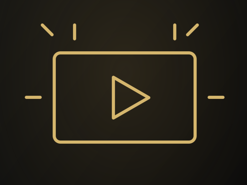 Gold outline icon of a video player with a play button in the center, surrounded by radiating lines, against a dark background.