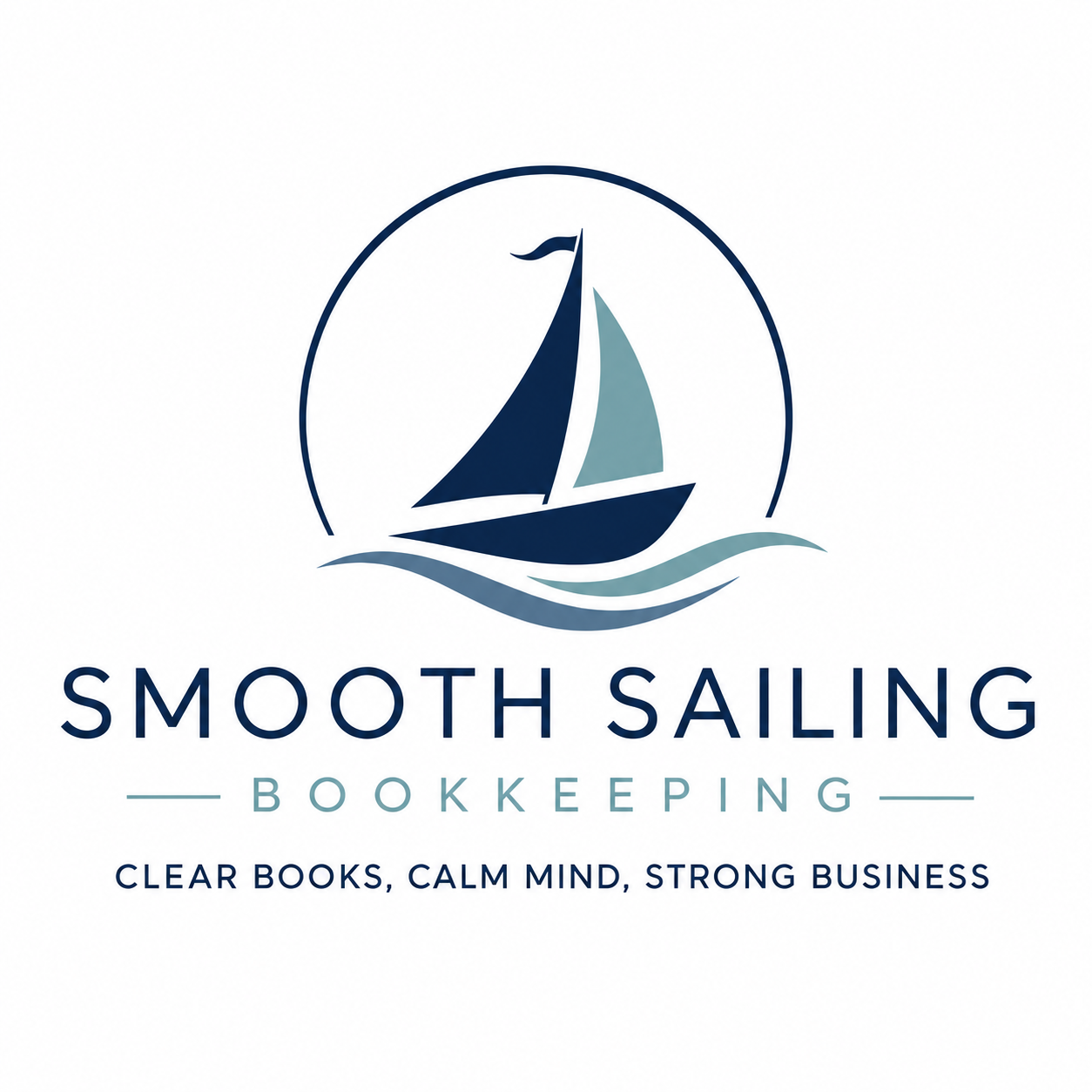 A logo featuring a sailboat with a dark blue sail and a light blue sail, surrounded by a circular line, with waves below. Text reads 'Smooth Sailing Bookkeeping' with a tagline 'Clear books, calm mind, strong business'.