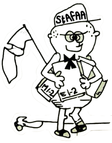 Cartoon character of a cheerful kid in a school uniform holding a book, standing in front of a chalkboard in a classroom.