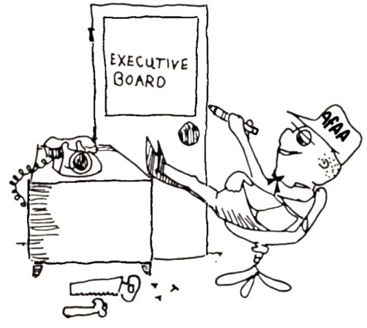 Sketch of a person in a cowboy hat sitting at a desk with a telephone, papers, and a key; in front of a door labeled 'Executive Board'.