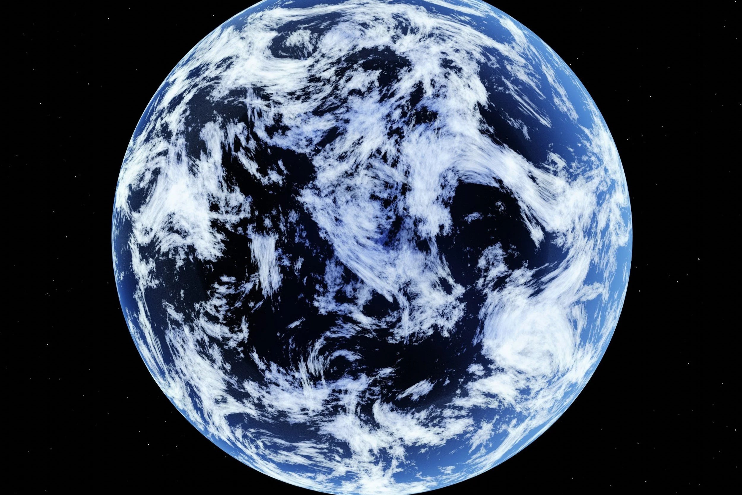 Earth viewed from space with visible clouds, continents, and oceans, against the black backdrop of space with small stars.