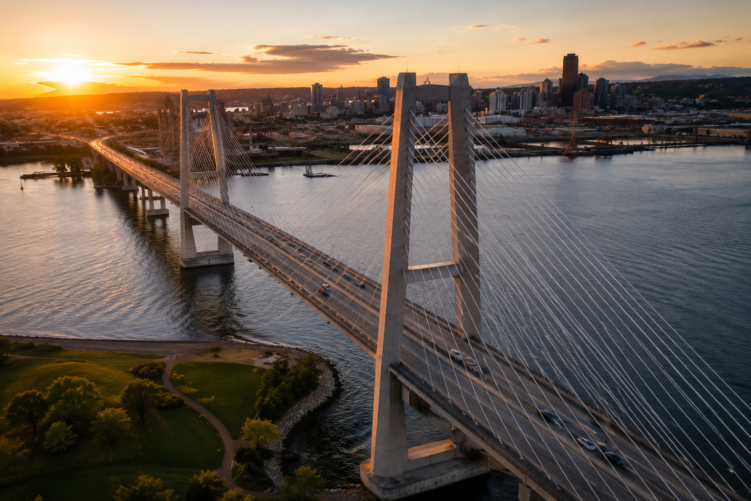 Aerial view of a large cable-stayed bridge over a river at sunset, with city skyline in the background and greenery along the riverbanks.