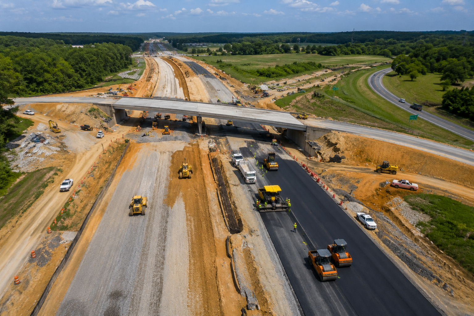 Construction workers and machinery paving a highway with an overpass in a rural area.