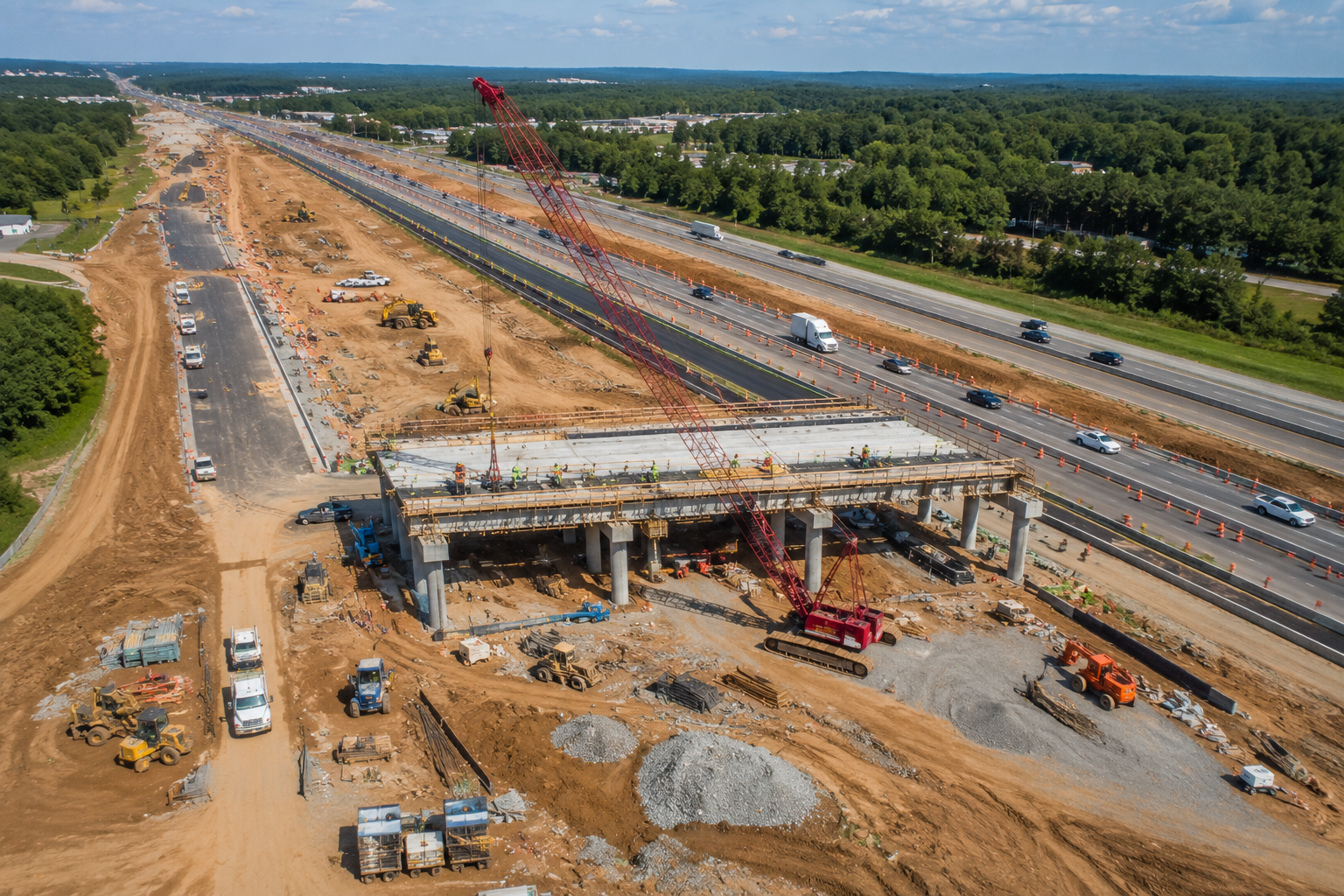 Construction of a bridge over a highway with machinery, workers, and partially built structure, adjacent to busy roads with vehicles.