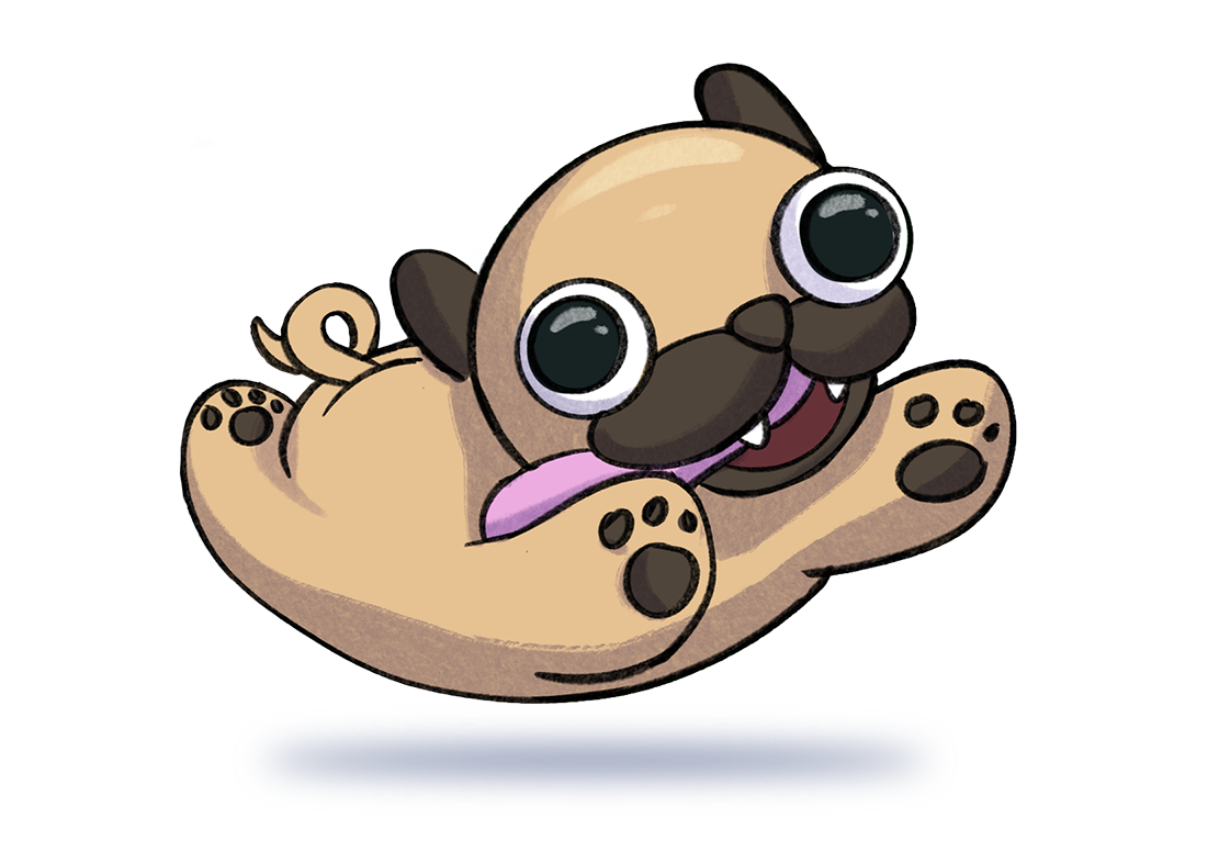 A cartoon puppy with big eyes and a mustache, lying on its back with its tongue out.