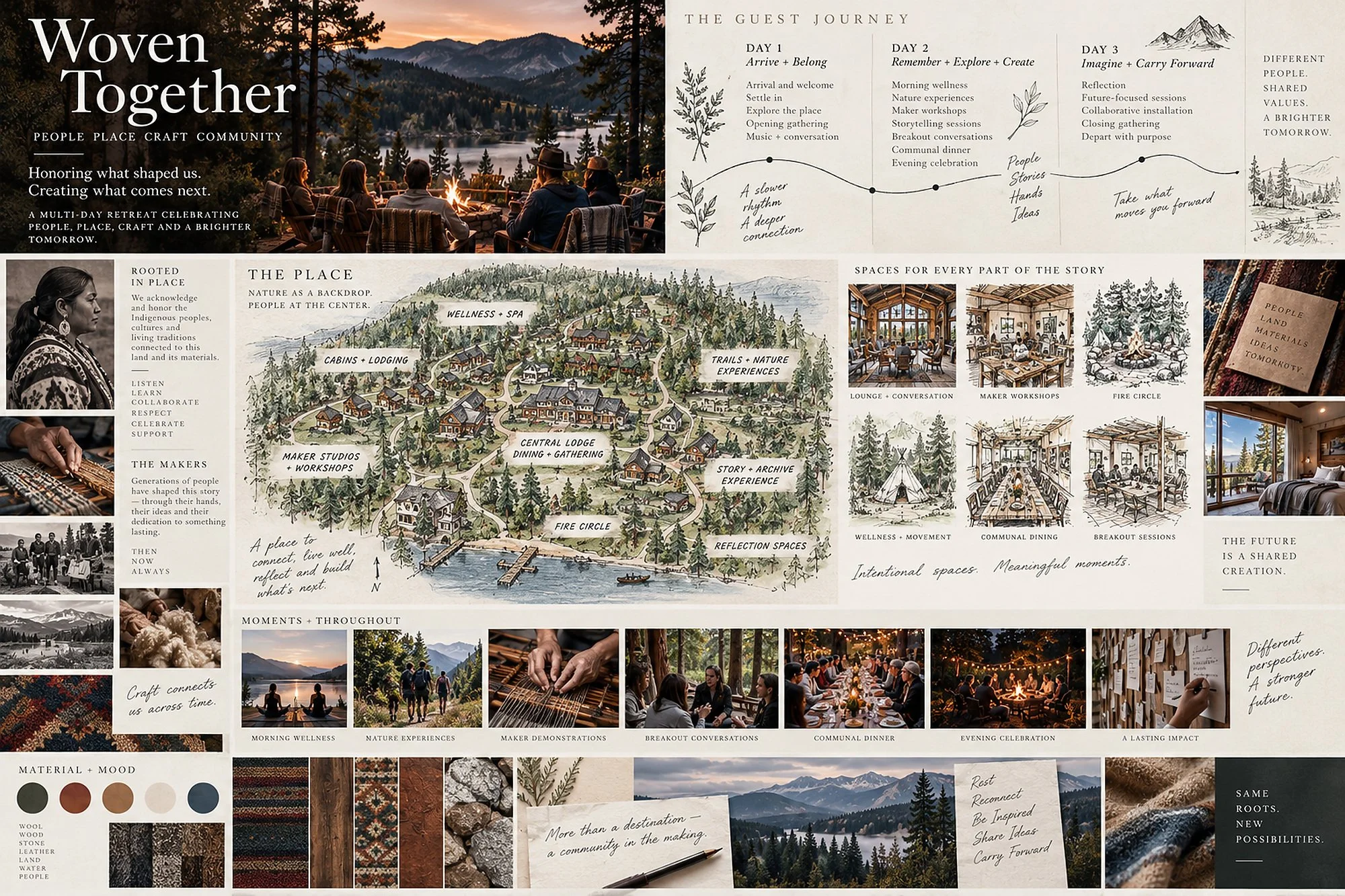 Multi-day retreat concept combining place, guest journey, workshops, community gathering and spatial planning.