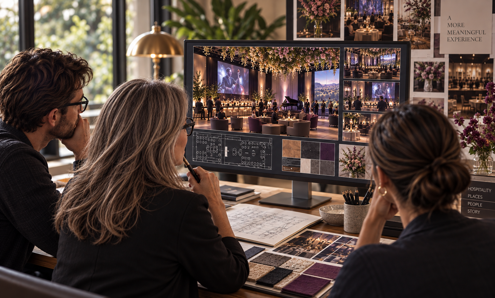 Three designers working on an event space layout, reviewing a large screen showing a decorated ballroom with seating, floral arrangements, and a stage with candles.