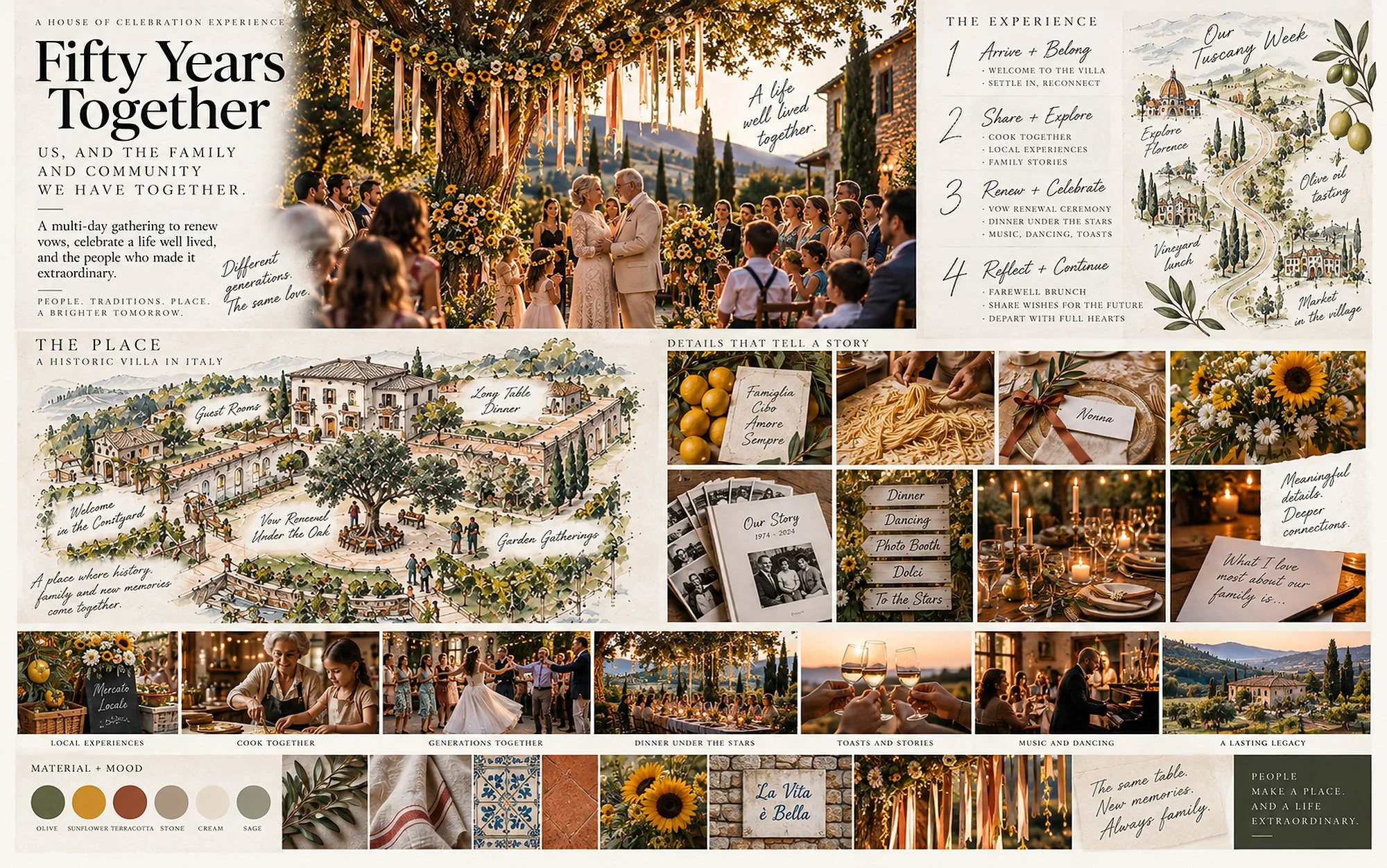 Multigenerational celebration concept with destination planning, family traditions, guest journey and meaningful details.