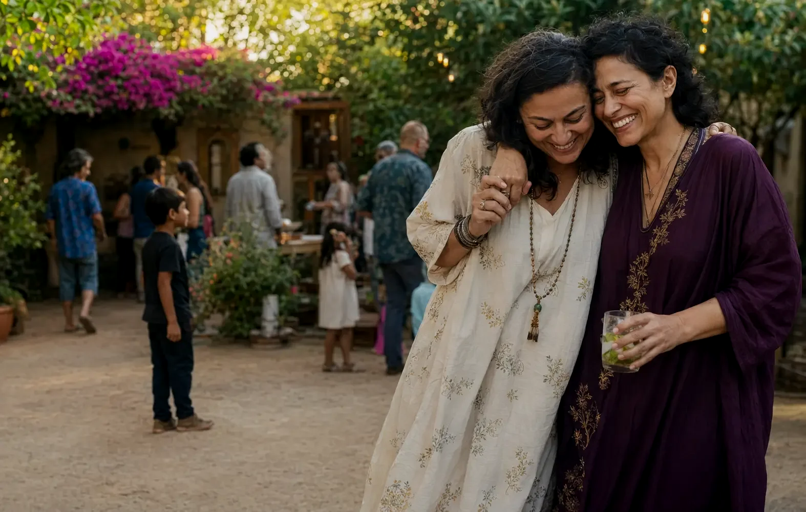 Two women embracing at an outdoor celebration as family and friends gather nearby.