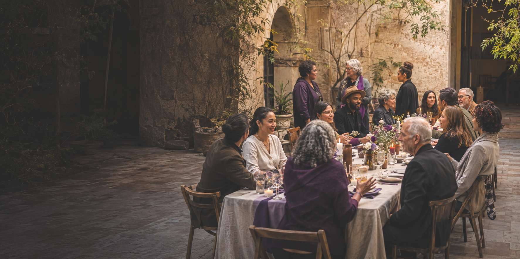 Guests sharing a candlelit meal around a long outdoor table in a courtyard setting.