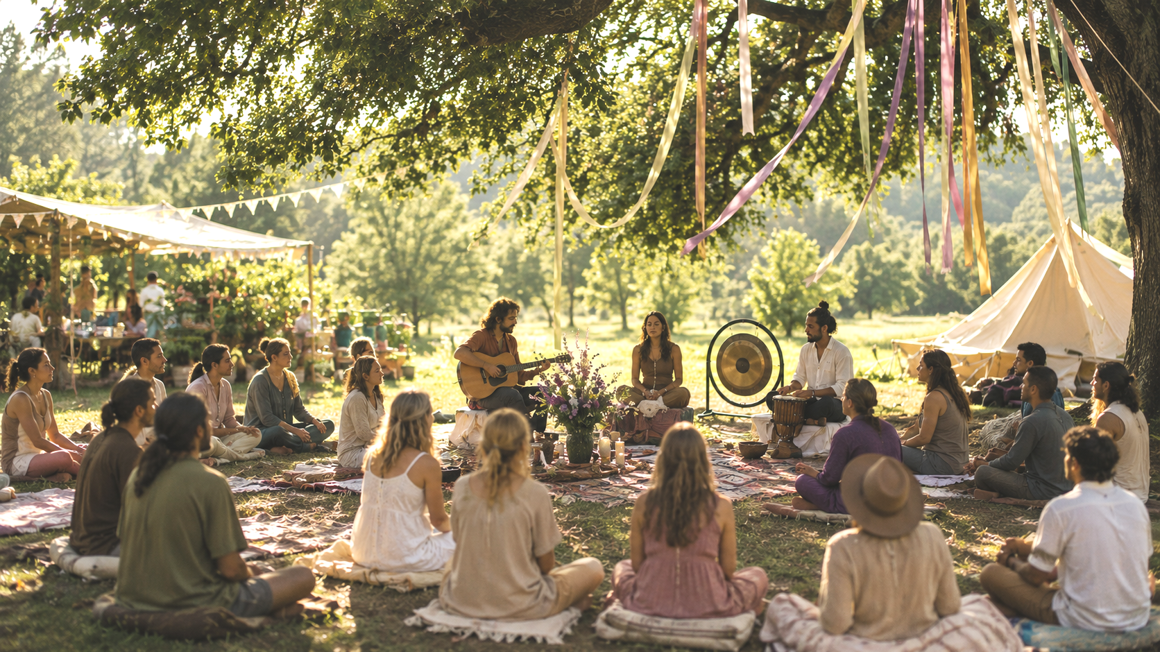 People gathered beneath a ribbon-filled tree for an outdoor yoga and meditation experience.