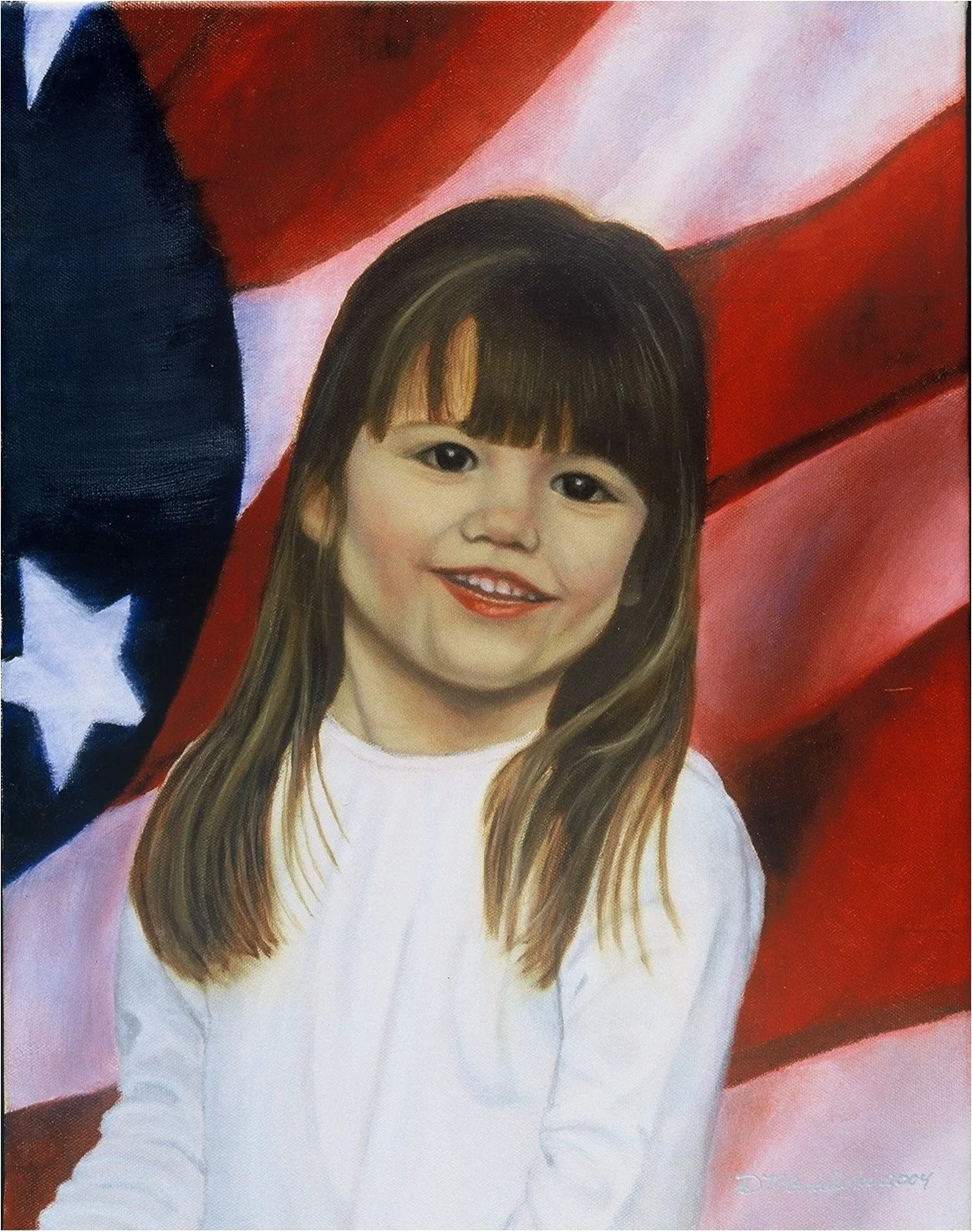 Portrait of a young girl with long brown hair and a white top, smiling, against a background featuring elements of the American flag, including red and white stripes and a blue section with white stars.