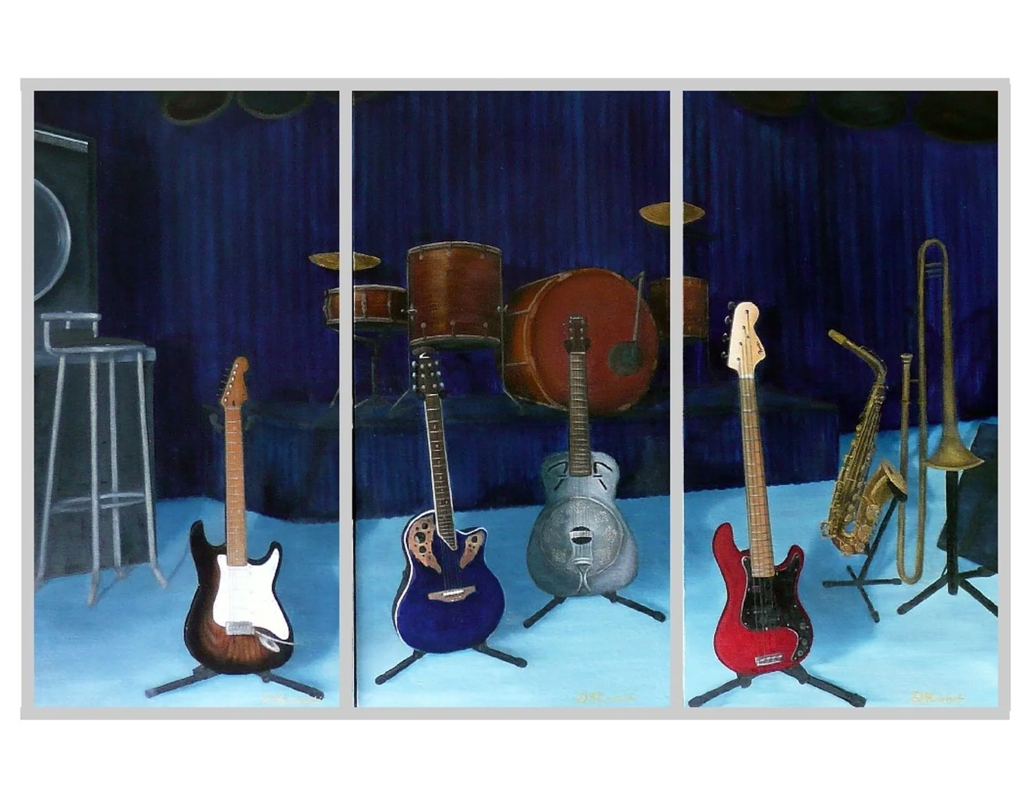 Painting of a music stage with guitars, drums, and brass instruments in front of a blue curtain.