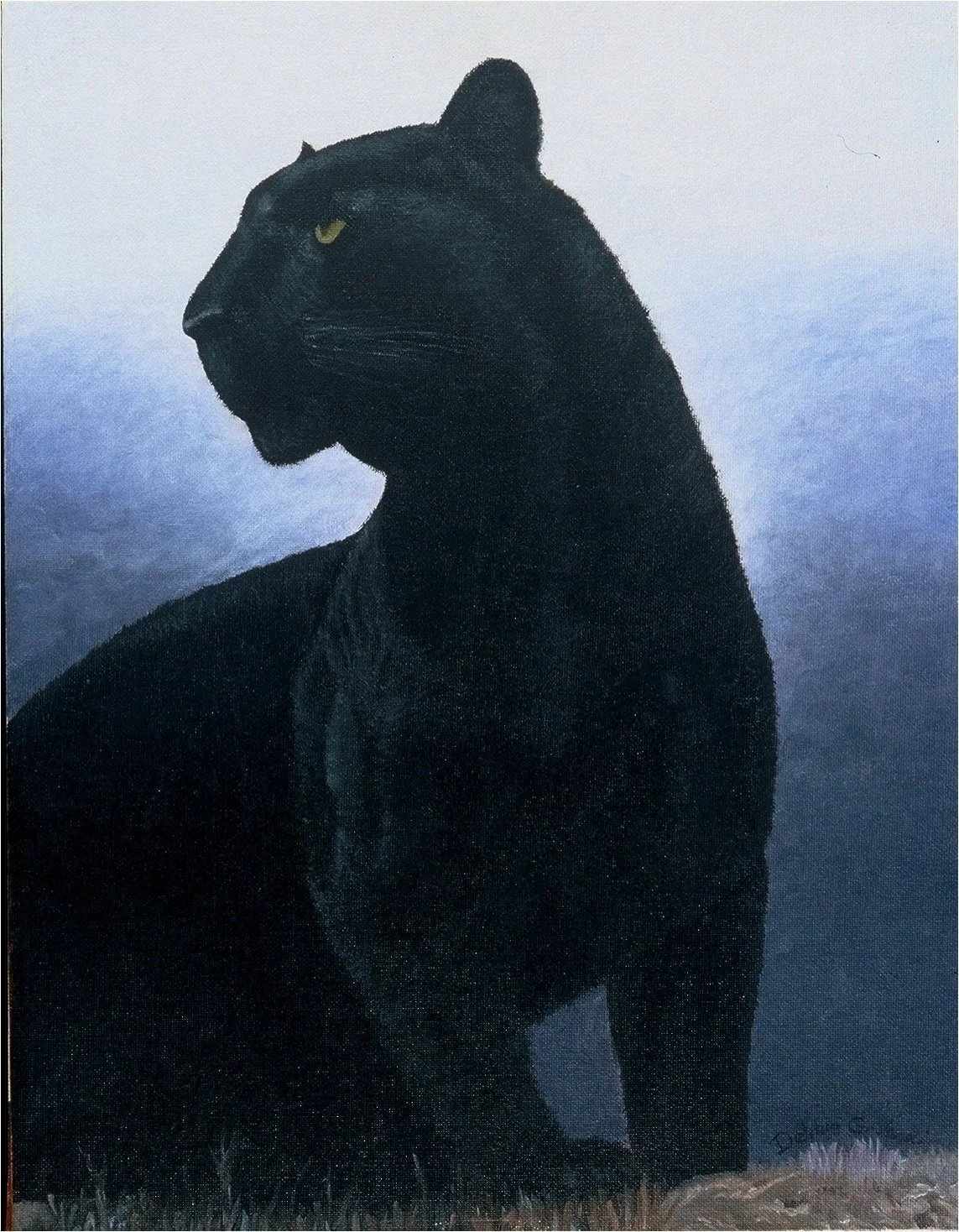 Painting of a black panther sitting against a gradient blue background, with yellow eyes and a focused expression.