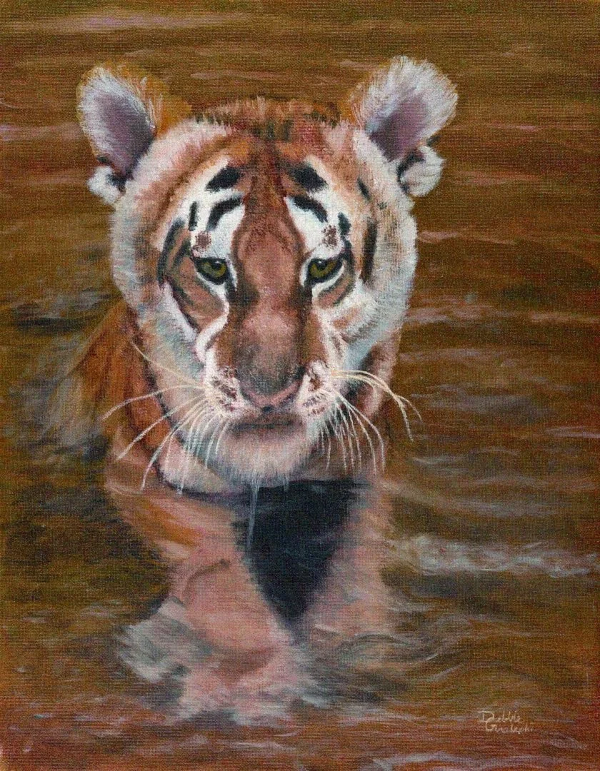 Painting of a tiger partially submerged in water, looking directly at the viewer.