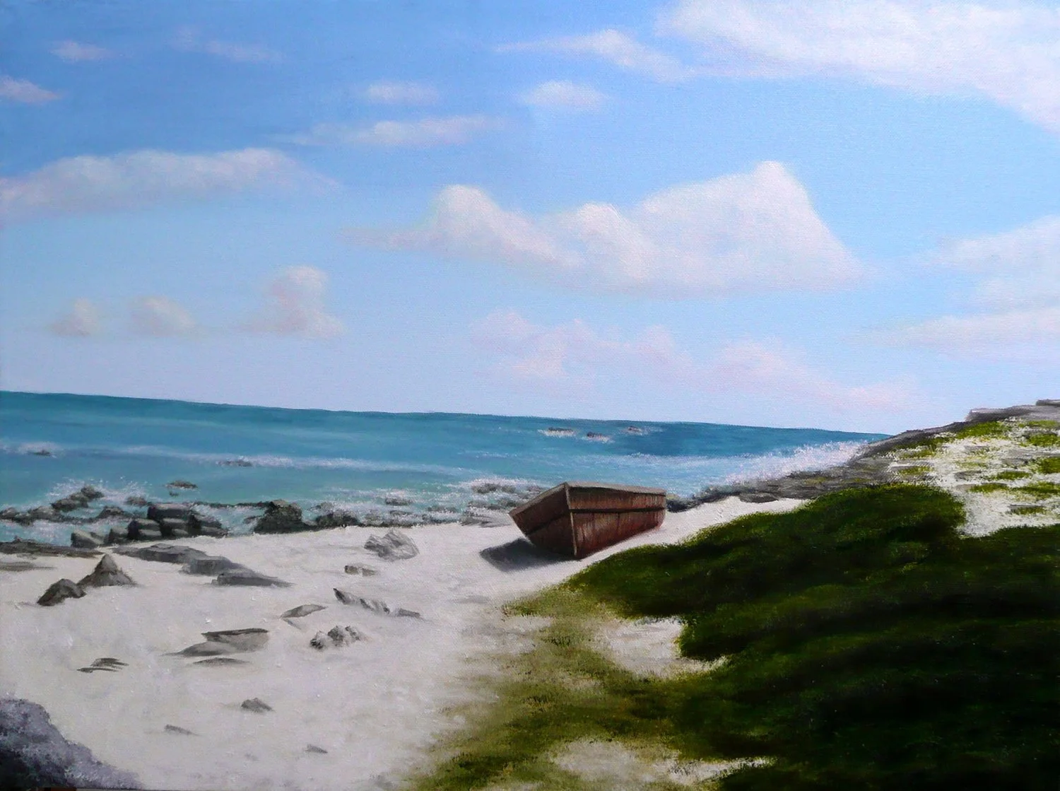 A painting of a beach scene with a clear blue sky, soft clouds, blue ocean waves, white sandy shore, and a rusty boat resting on the sand near green grass.
