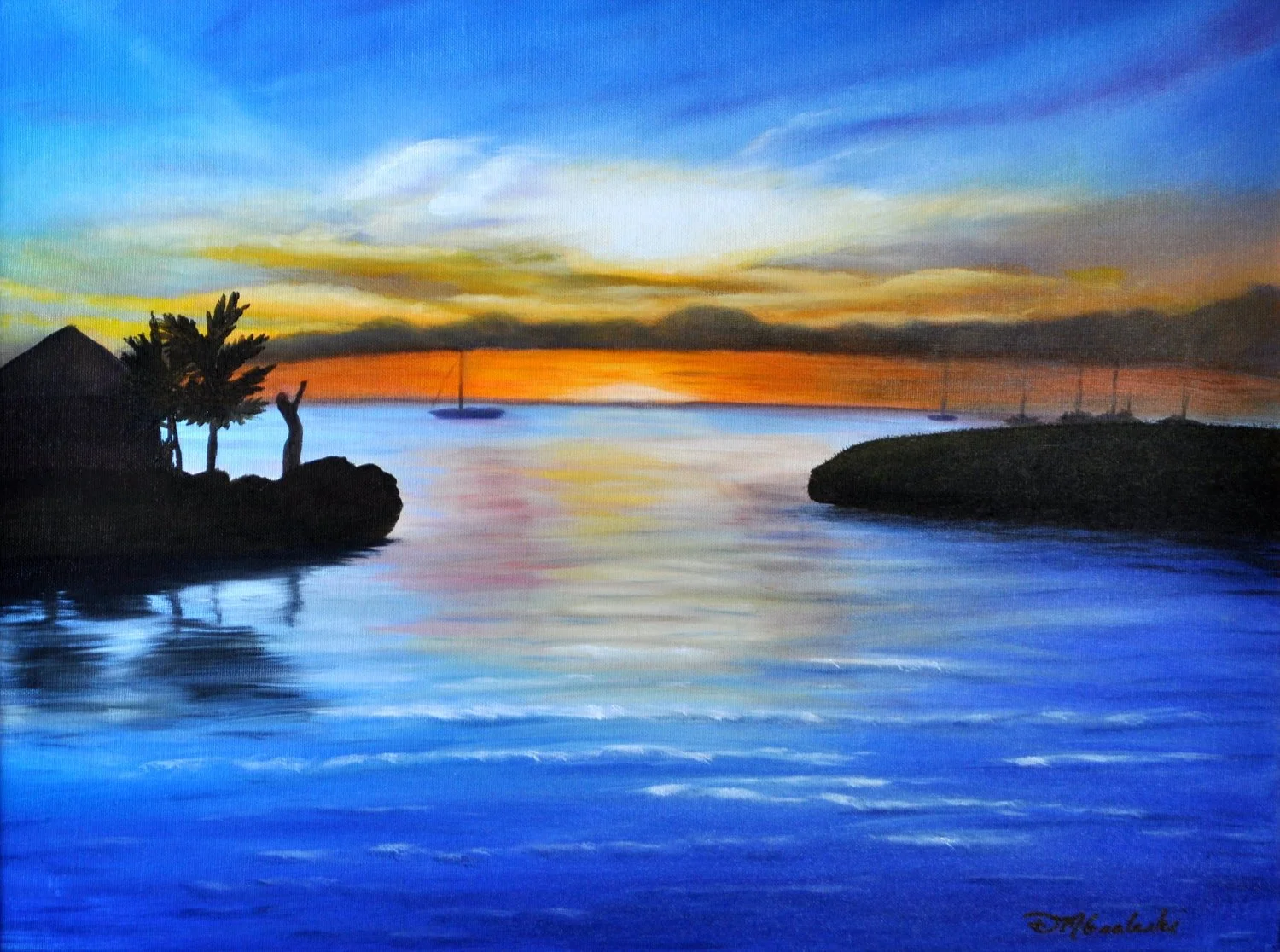 A colorful painting of a sunset over a calm body of water with sailboats, trees, and a small building on rocks in the foreground.