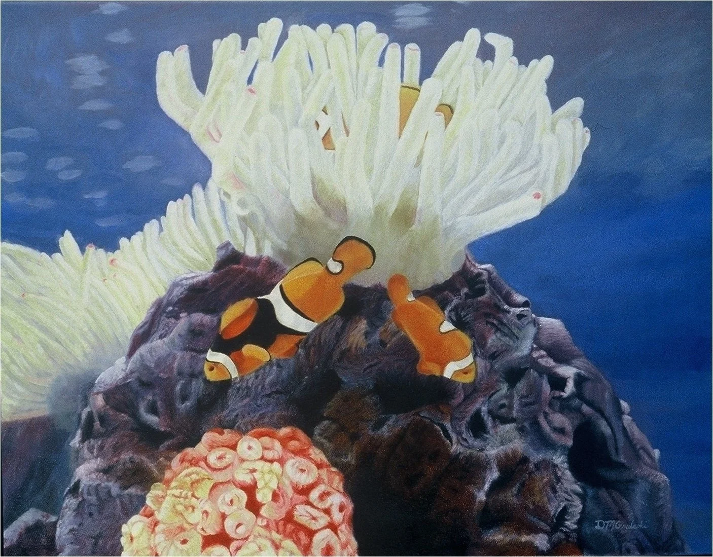A painting of clownfish swimming around a sea anemone on a rock formation with a blue background.