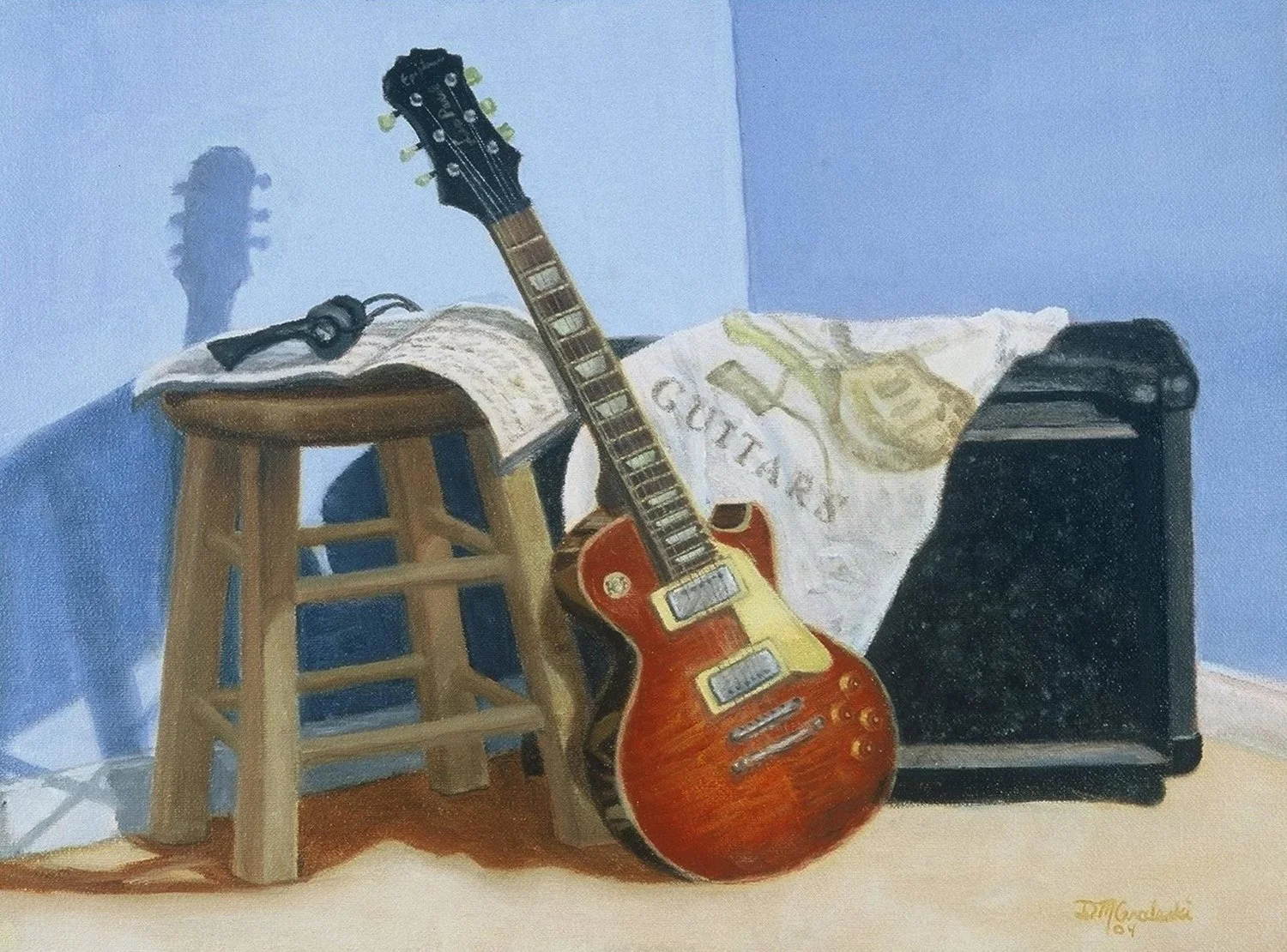 A still life painting with a red electric guitar leaning against a black amplifier, a wooden stool, and a fabric with a logo and the word "Couture" on a surface with a blue wall in the background.