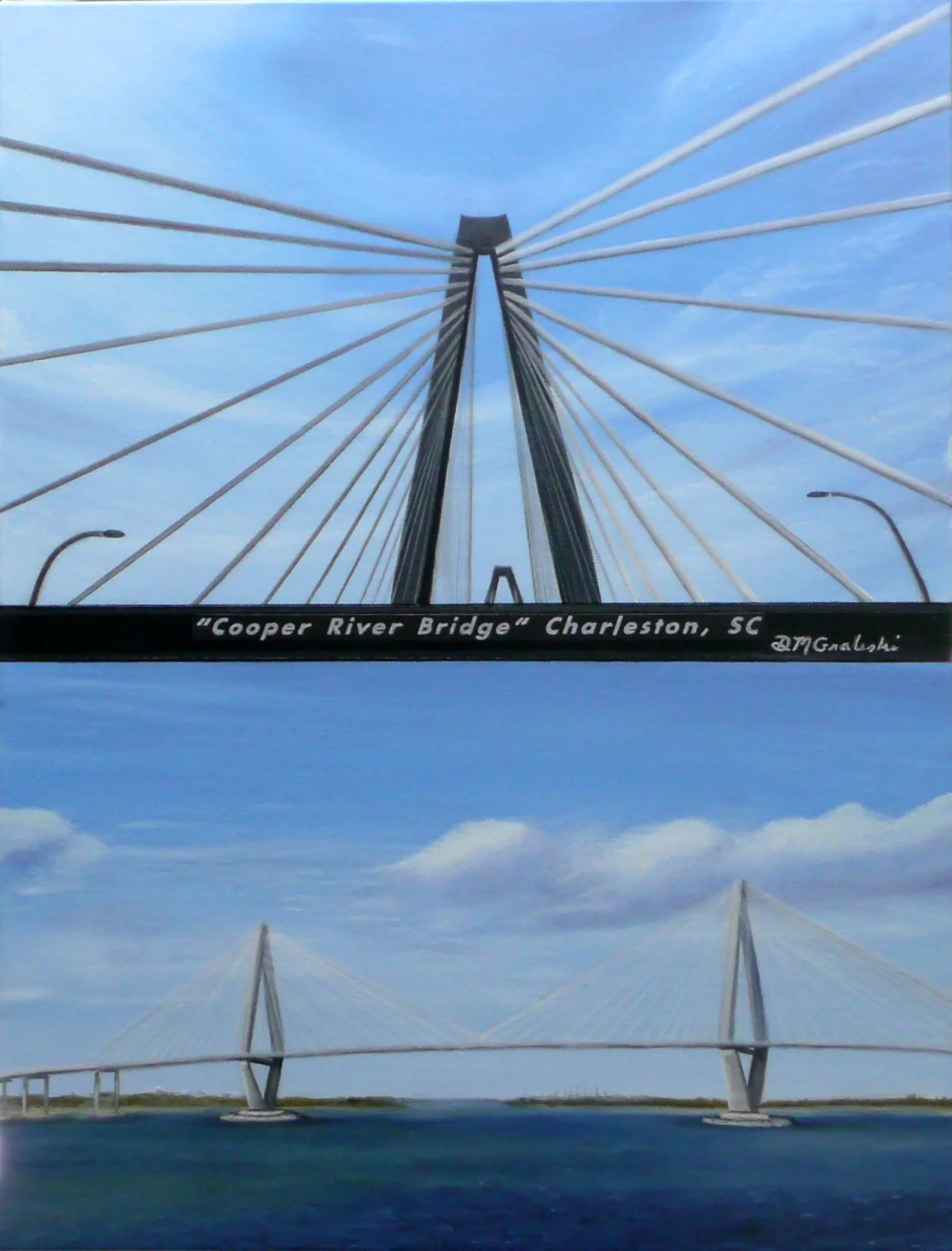Painting of Cooper River Bridge in Charleston, SC, viewed from below, with a clear sky and some clouds in the background.