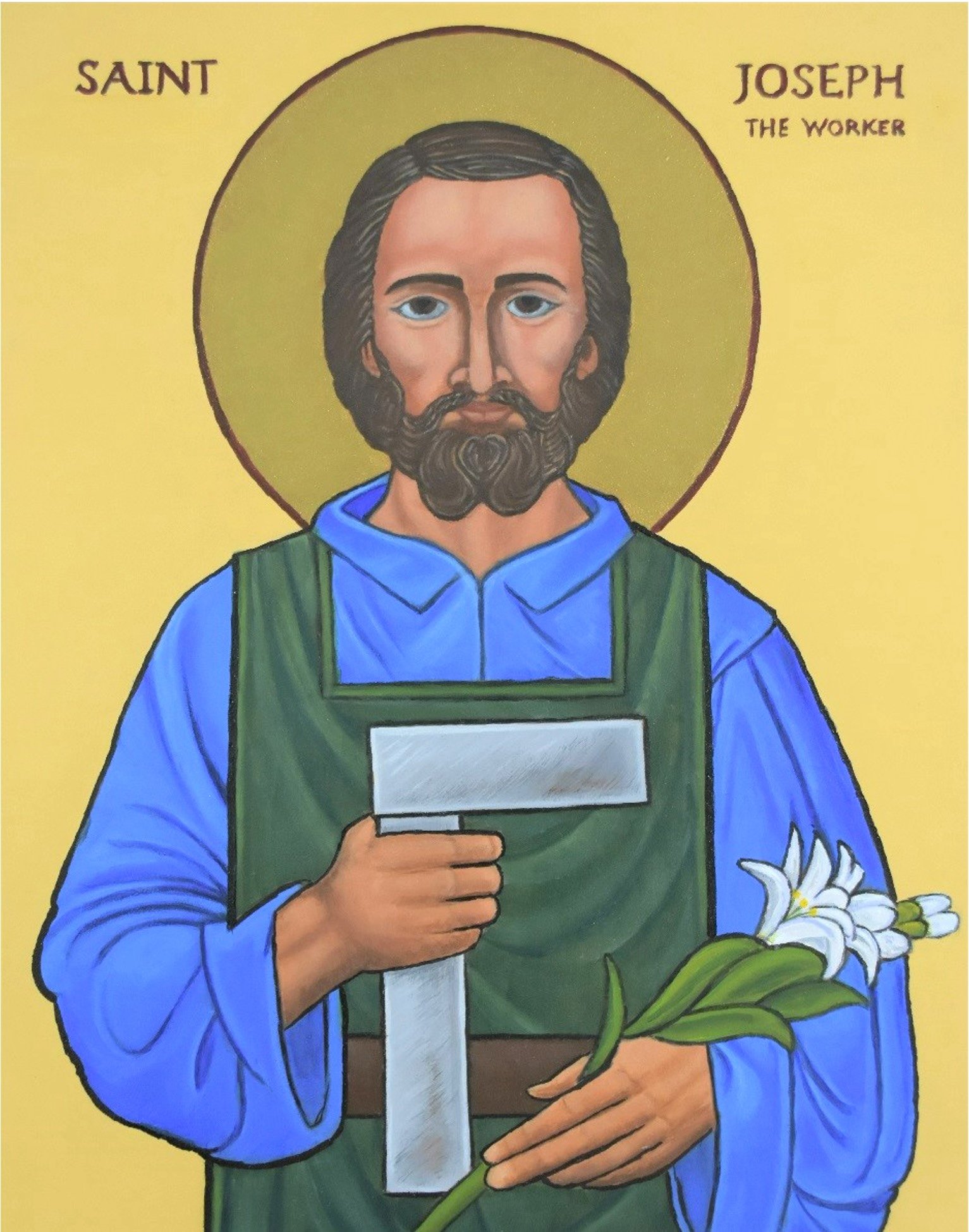 Religious icon painting of Saint Joseph, depicted as a worker, holding a lily and a plaque, with a halo around his head against a yellow background.