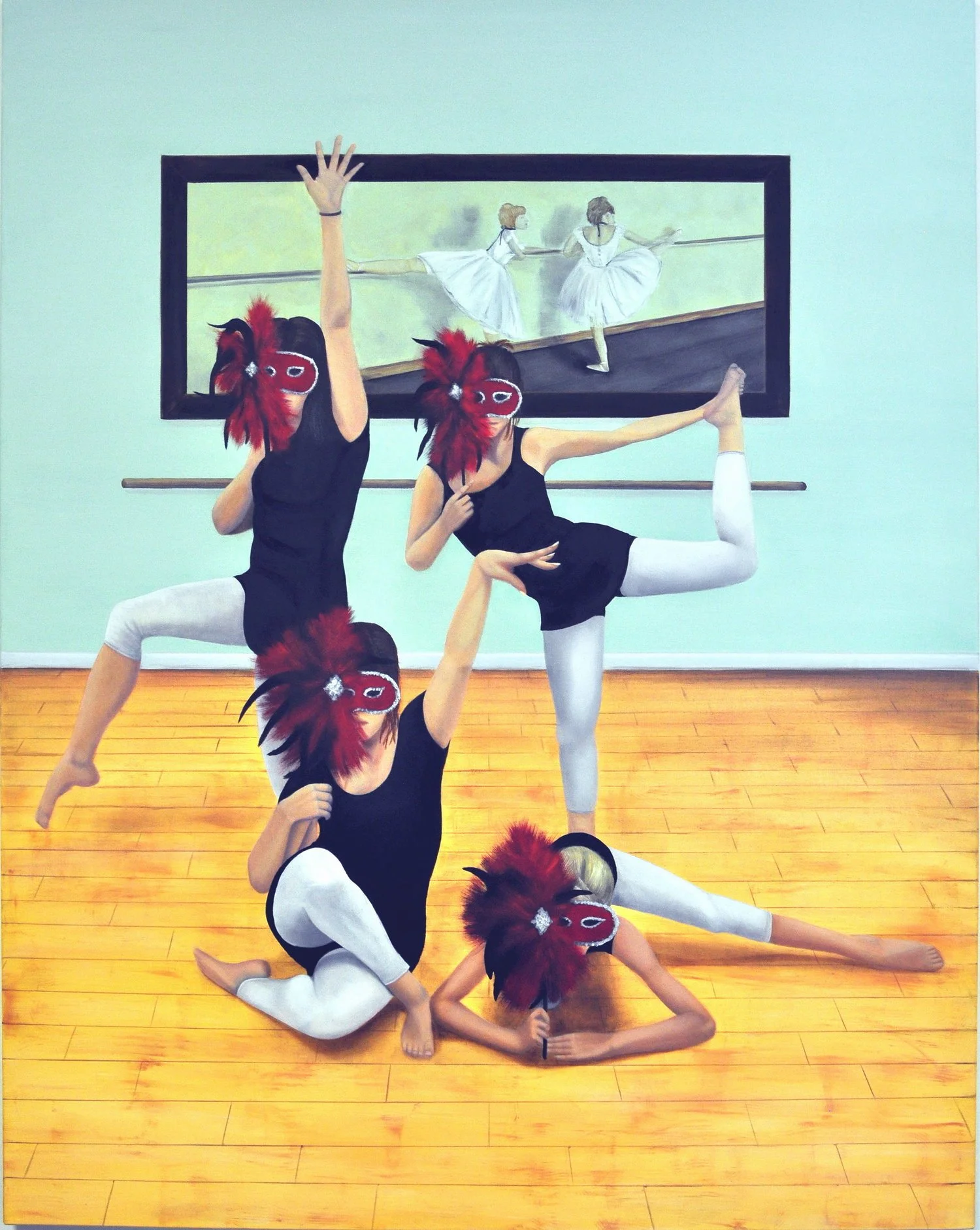 A group of five ballet dancers wearing black leotards, white tights, and red feathered masks pose in front of a wall with a large painting of two ballerinas on a stage. The dancers are striking various poses on a wooden floor, with some standing, one bending backward on one knee, and one lying on the floor.