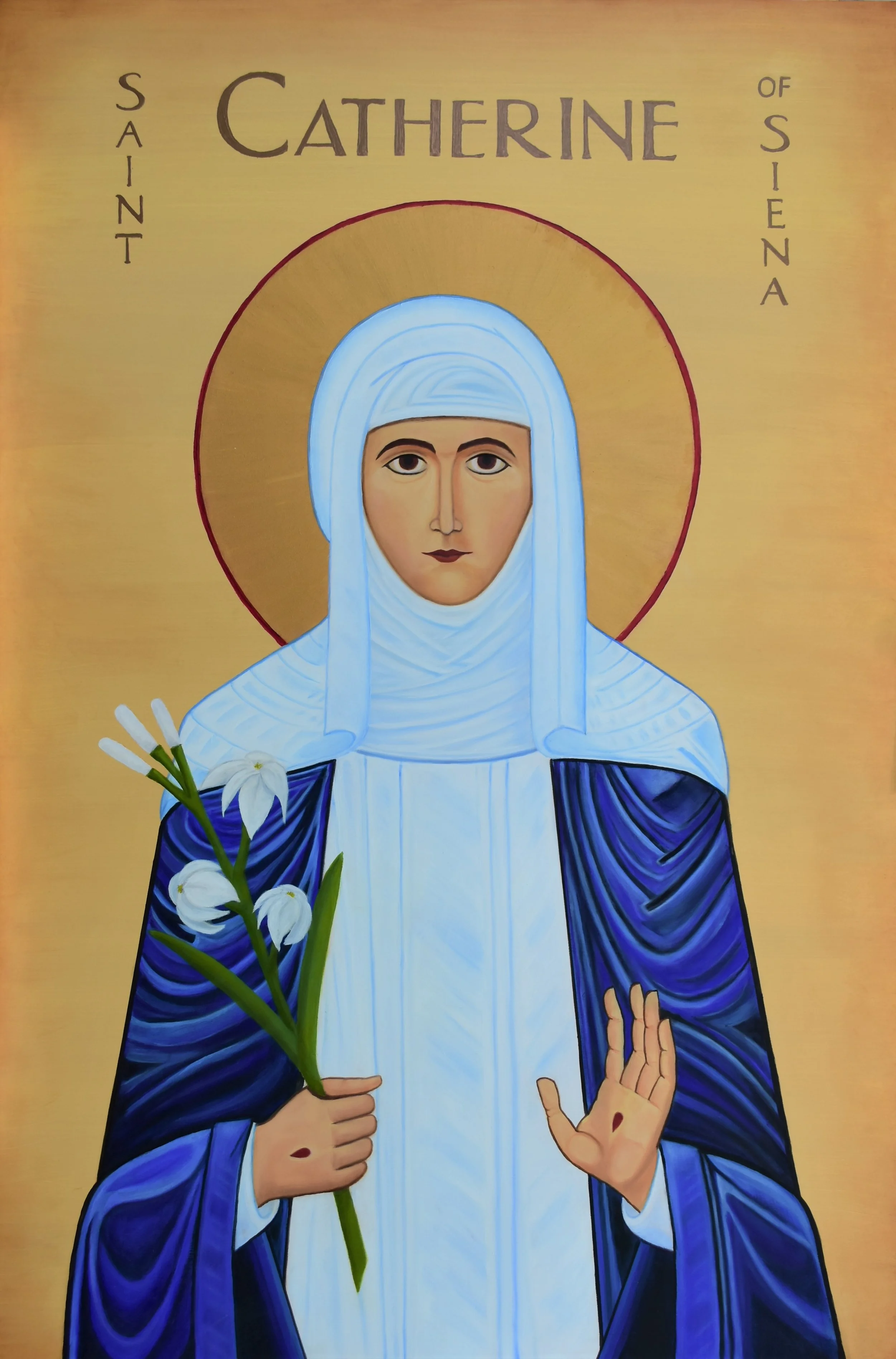 Iconographic painting of Saint Catherine of Siena, depicted as a woman with a halo, holding white flowers, wearing a white veil and a blue robe, with a hand raised in blessing.