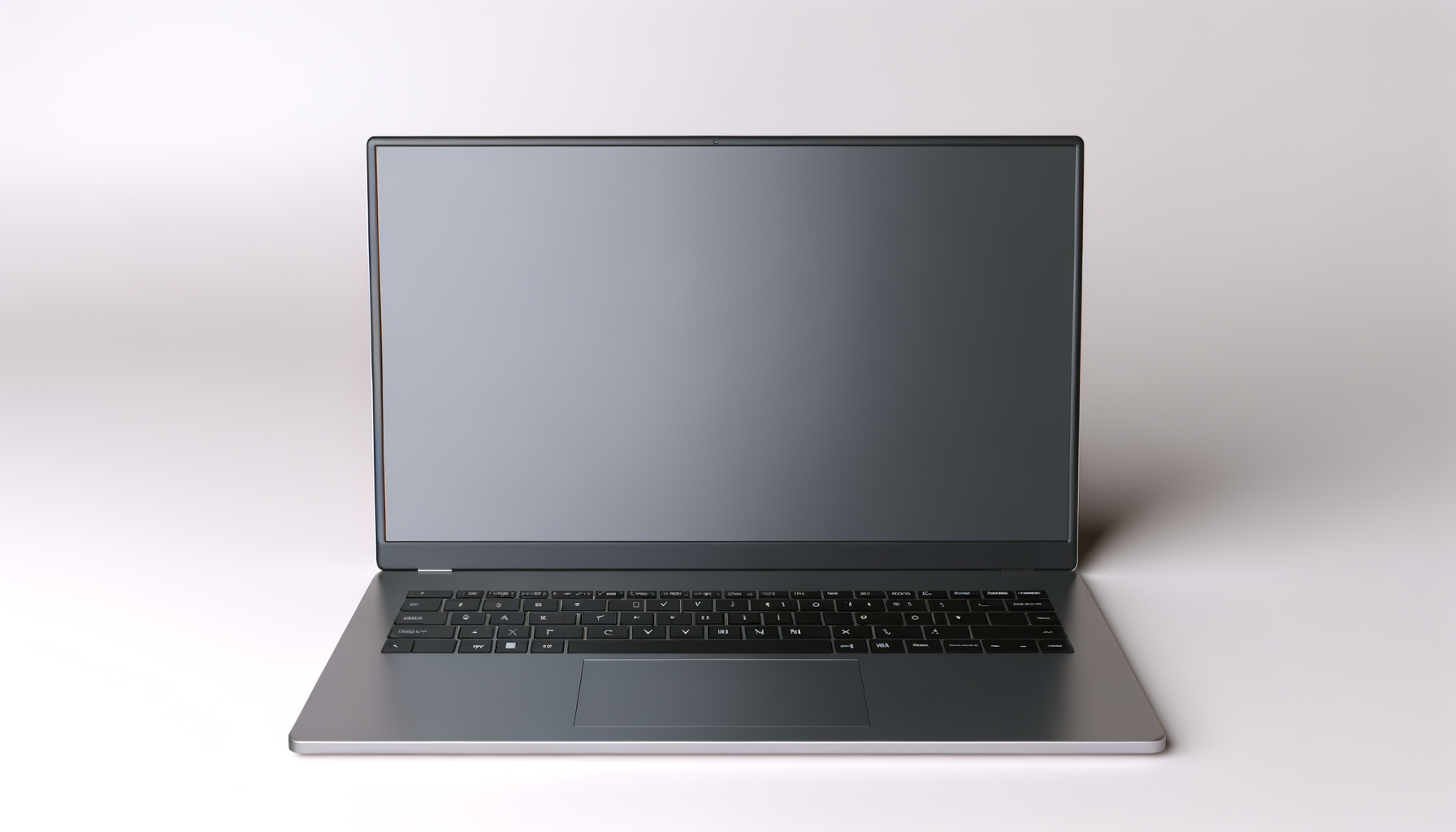 A silver laptop with a black keyboard on a plain light gray surface.
