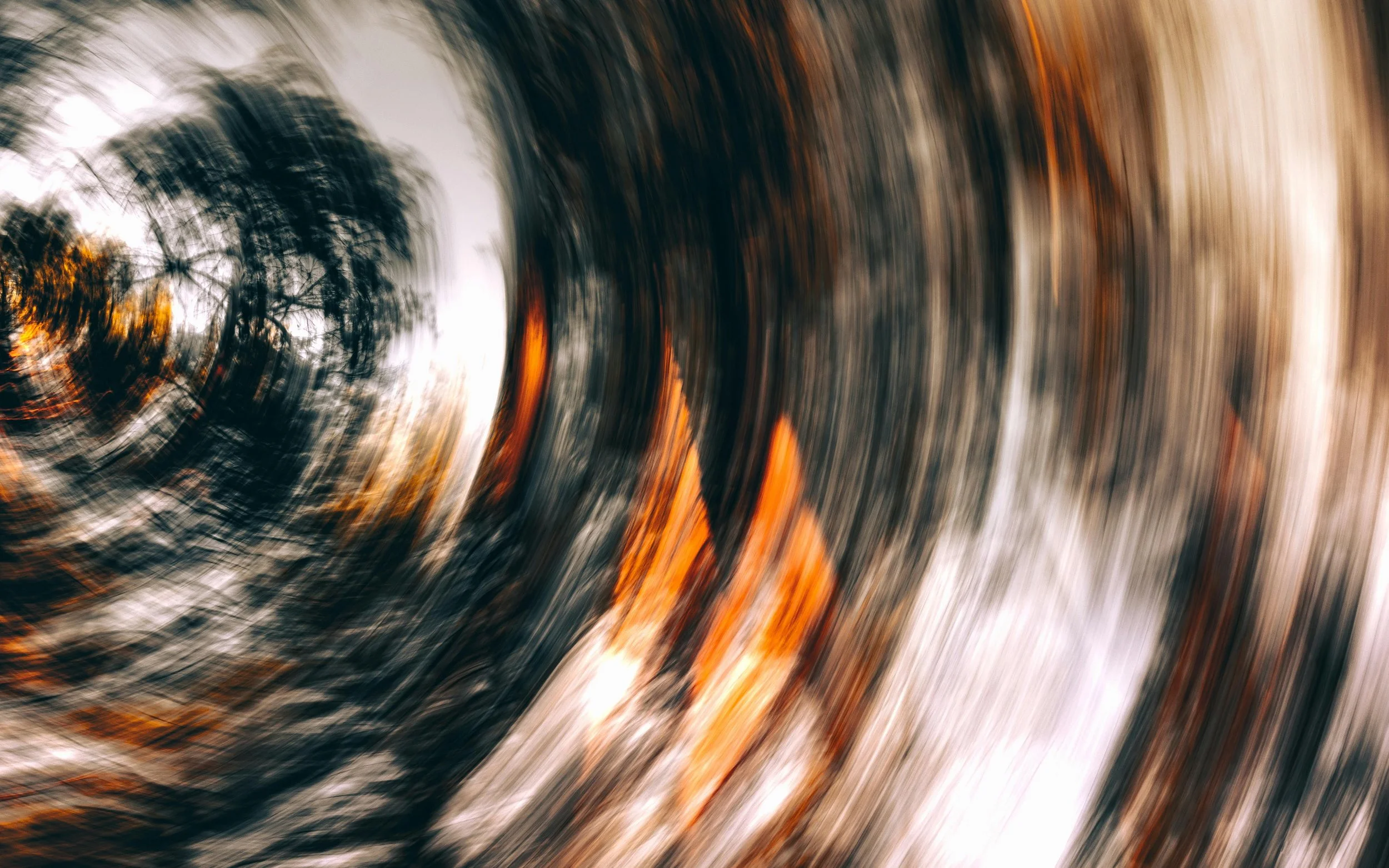 Blurred motion of trees with autumn leaves, creating a swirling abstract pattern in warm tones of orange, brown, and white.