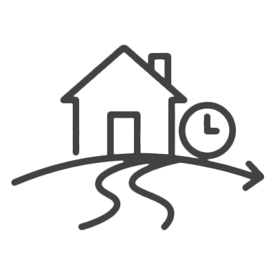 A simple line drawing of a house with a clock, showing a winding path leading to it.