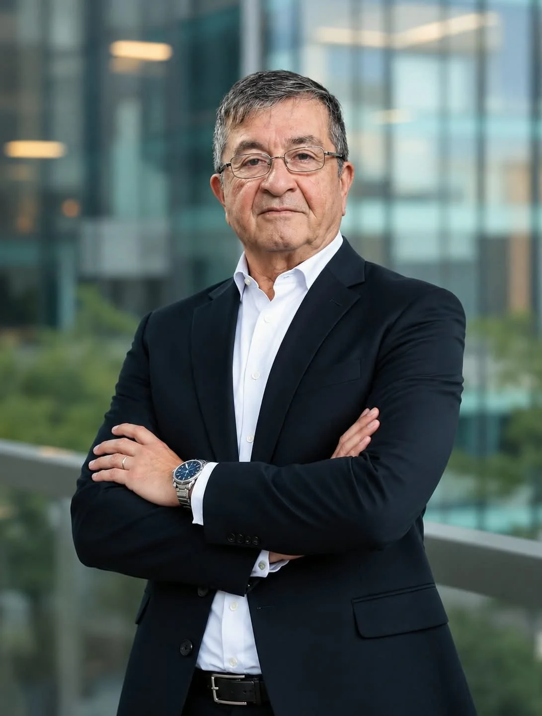 Hombre mayor con gafas, vestimenta formal con saco y camisa blanca, de cabello gris, de pie con brazos cruzados en un edificio moderno con ventanas de cristal y fondo urbano.