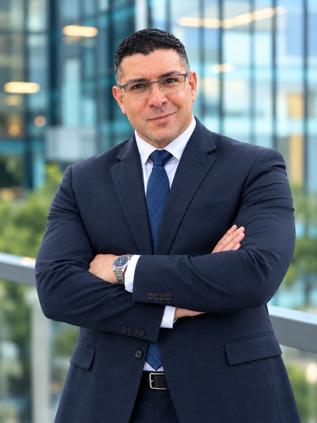 Hombre de negocios con traje oscuro, camisa blanca, corbata azul y gafas, en un entorno urbano.