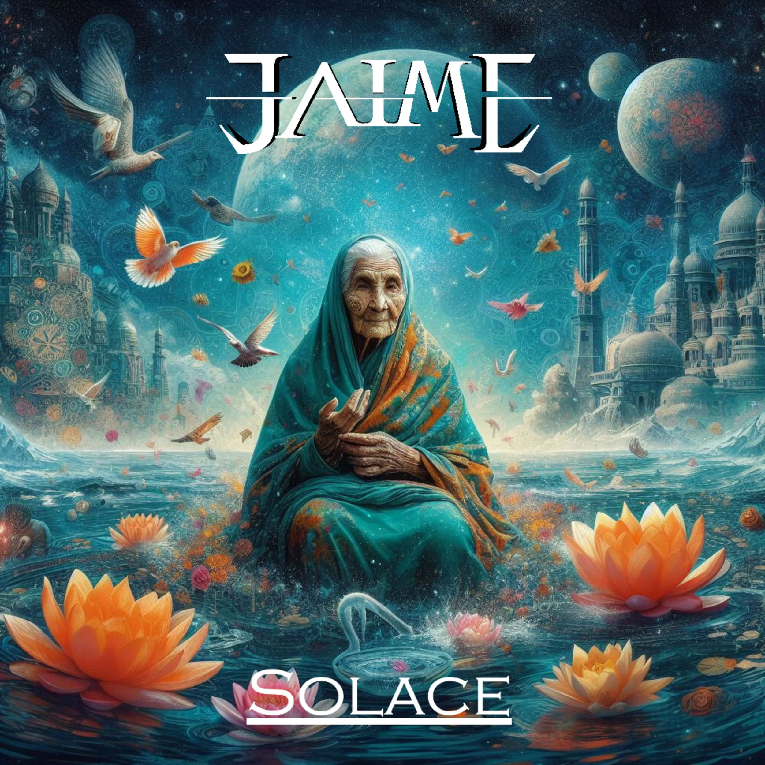 -JAIME- single "Solace" released in 2024. A fantasy landscape with a woman in traditional attire, surrounded by colorful flowers, birds, and floating islands in a cosmic sky with stars and a large planet.