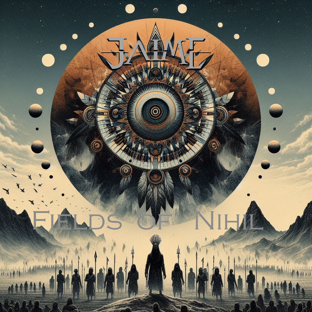 -JAIME- "Fields of Nihil" single showing a tribal gathering and a extra terrestrial ship appearing above them.